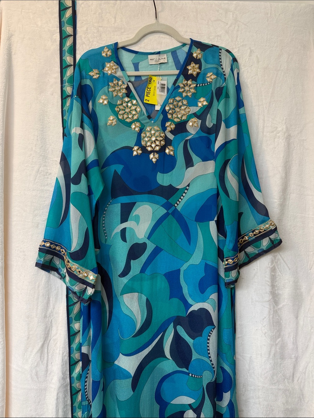Miss June Turquoise Blue Jeweled Silk Kaftan - Picture 3 of 4